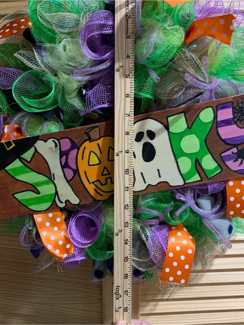 Halloween Deco Mesh Wreath with Green Purple and Orange Accents spooky